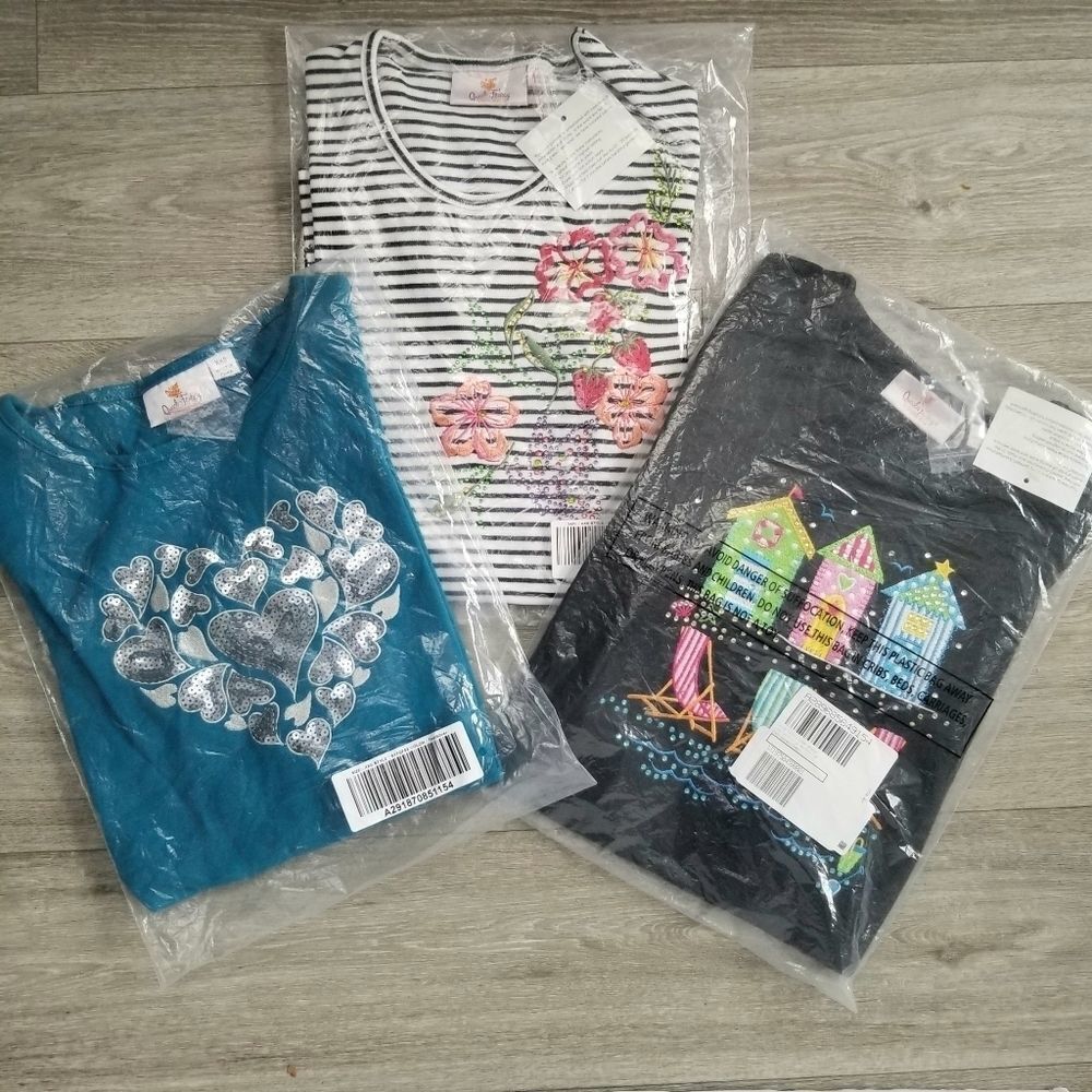 3 Pack Brand New Quacker Factory T shirt Embroider